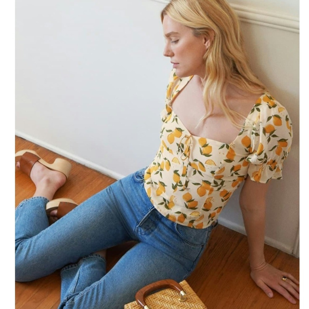 Reformation Delevan Lemonade Print Puff Sleeve Smocked Sweetheart Neck Top Sz 4